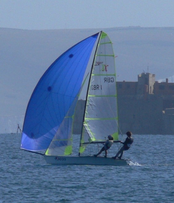 Mat Bancroft helming the 29erXX the rig differences being apparent over the standard 29er (see shots below) © Ross Whitburn